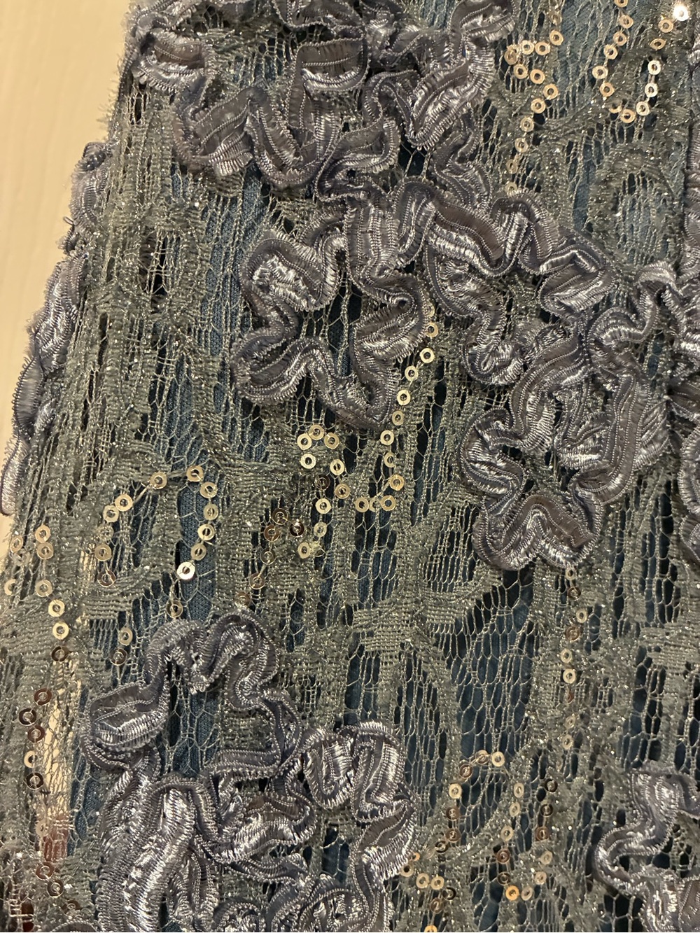 Oleg Cassini Dusty Blue Lace Beaded Maxi Gown - Picture 9 of 10